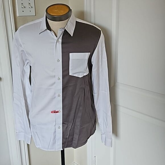 Guess Men's Two-Tone Slim Fit Button Down Long Sleeves Shirt Medium White/ Gray - Picture 1 of 16